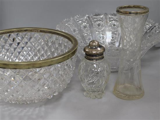 A Dutch white metal-mounted glass toilet bottle (a.f), a cut glass bowl and vase with plated rims and a modern cut crystal bowl (4)